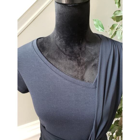 Labwork Faux Wrap Ruched Women's S-P Blue Polyester Short Sleeves Tie Waist Top - Picture 5 of 12